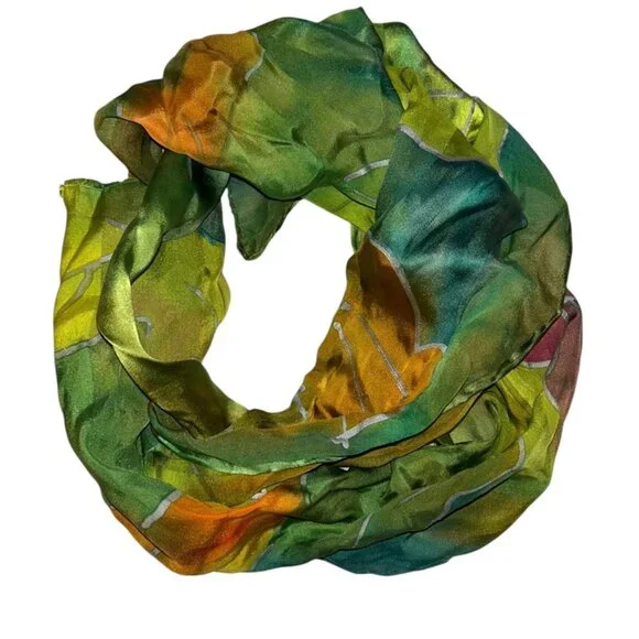 Spring Green Vintage 100% silk tie dye look scarf 8x52 - Picture 4 of 4